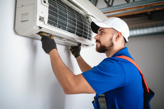 HVAC technician installing a mini split air conditioner in Arvada