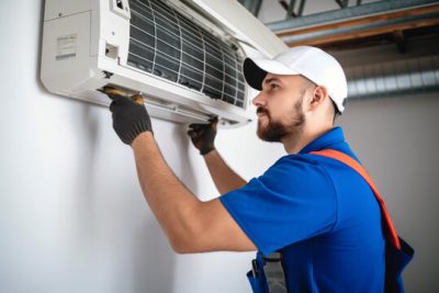 360_F_621046421_Vcay4nYa8ozdeodOQVDfES6MRrC6N3b8 Air conditioning technician servicing a wall-mounted AC unit in Arvada, CO